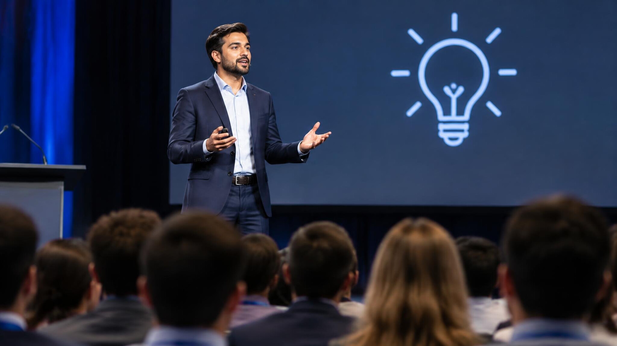 speaker presenting ideas on stage