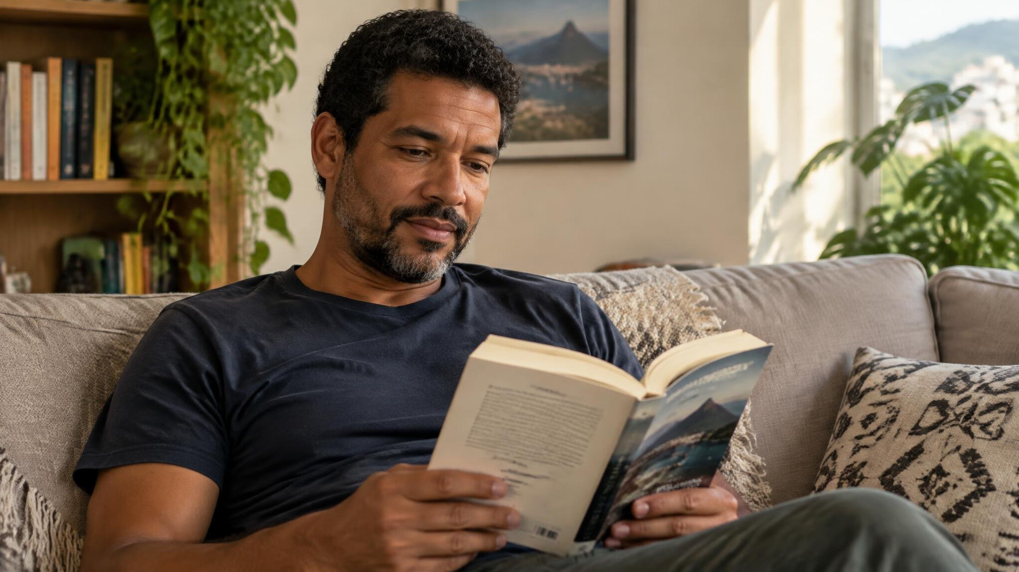 Person reading a book quietly on a sofa
