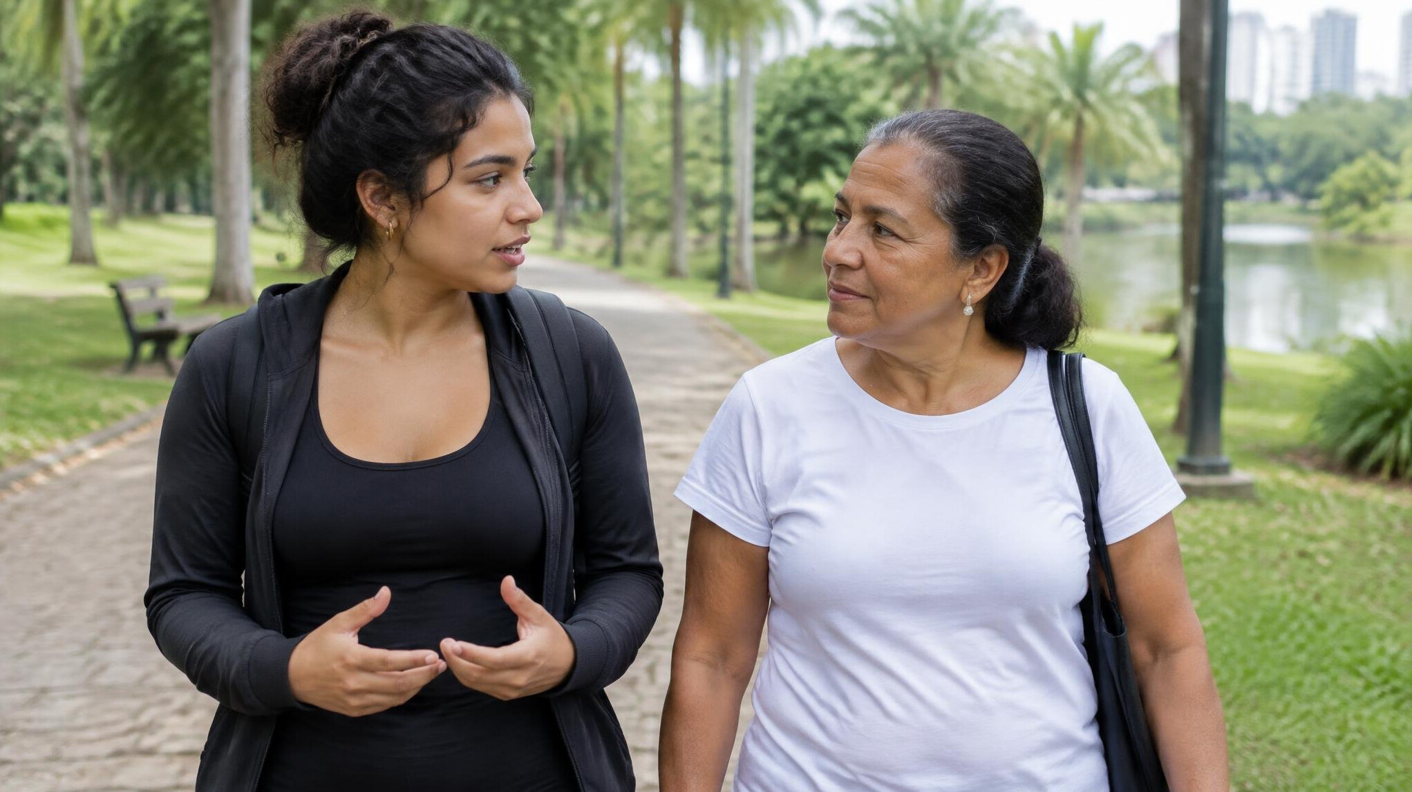Two people having a calm walking conversation outdoors