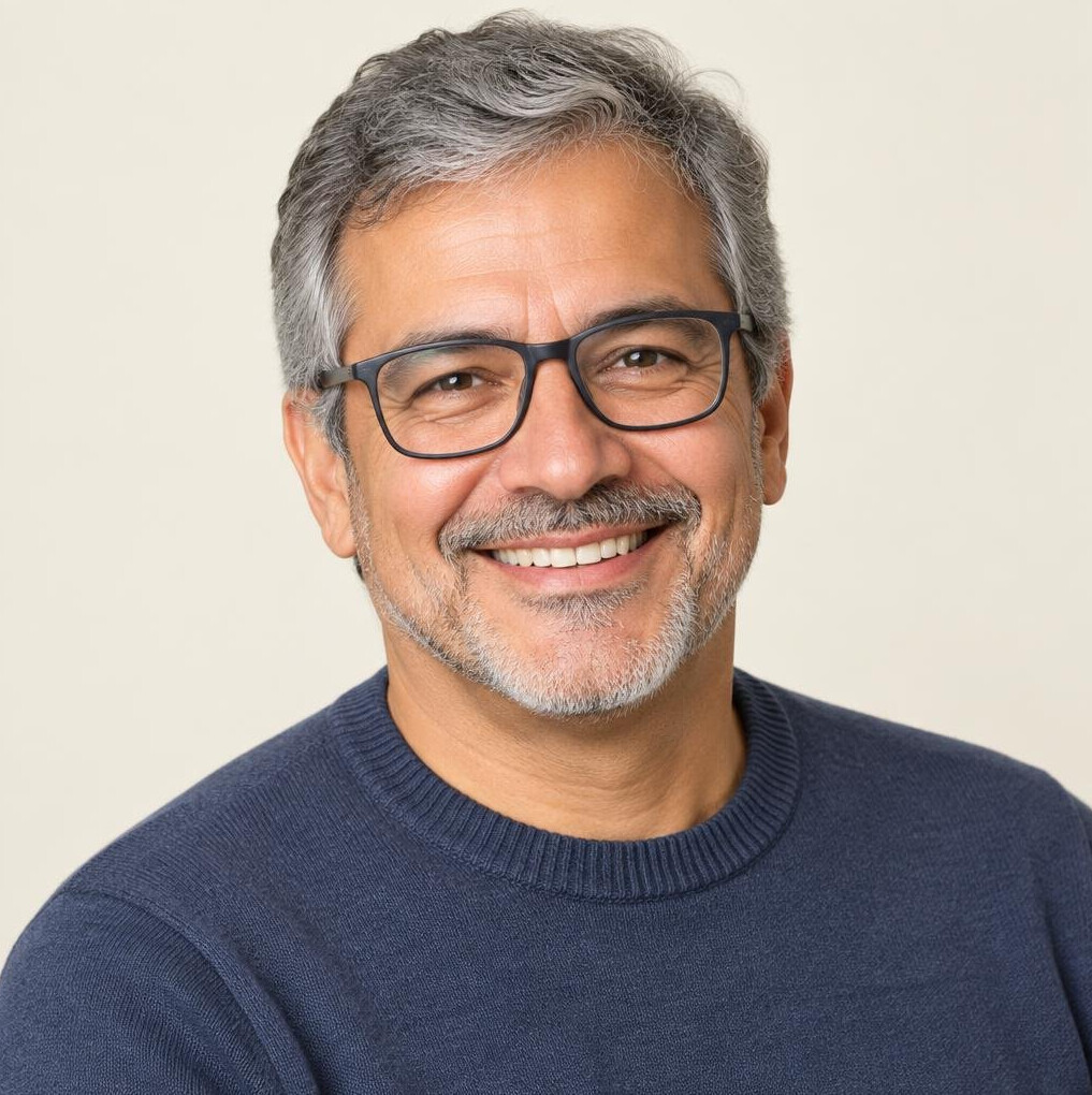 Studio portrait of an older Brazilian man with glasses smiling