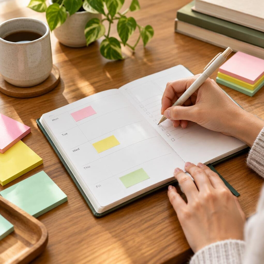 Close-up of hands writing in a planner with sticky notes